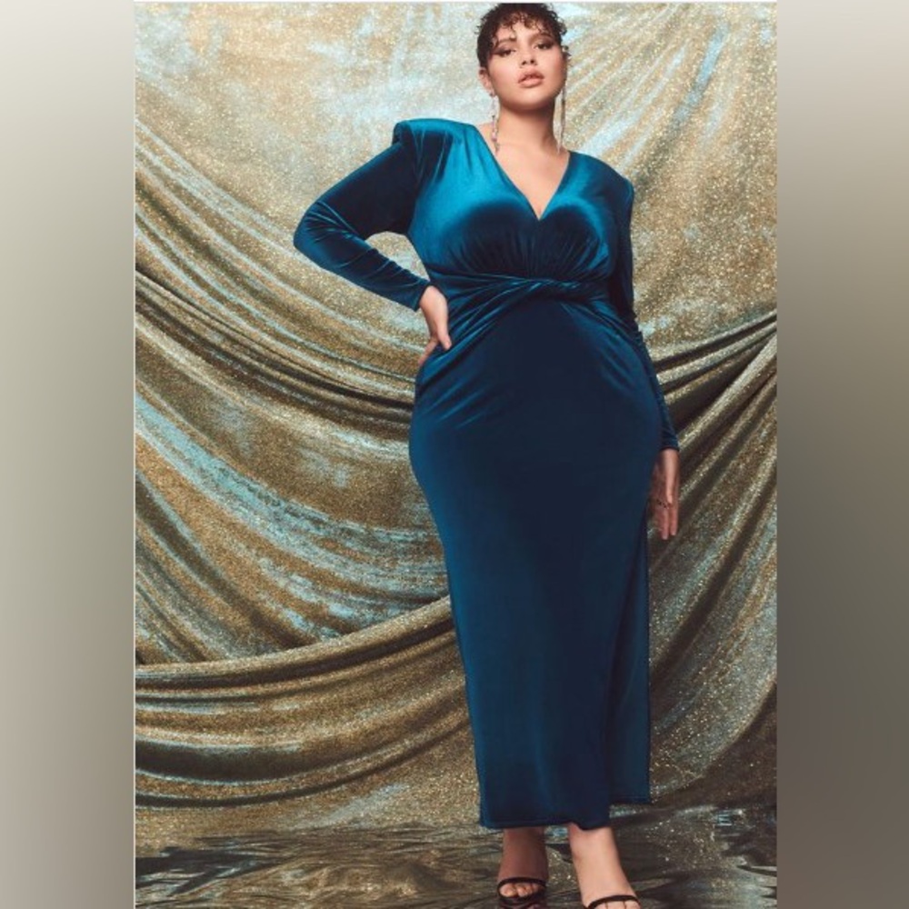 Eloquii Velvet Tie Waist Gown - Blue Lagoon - Size 24